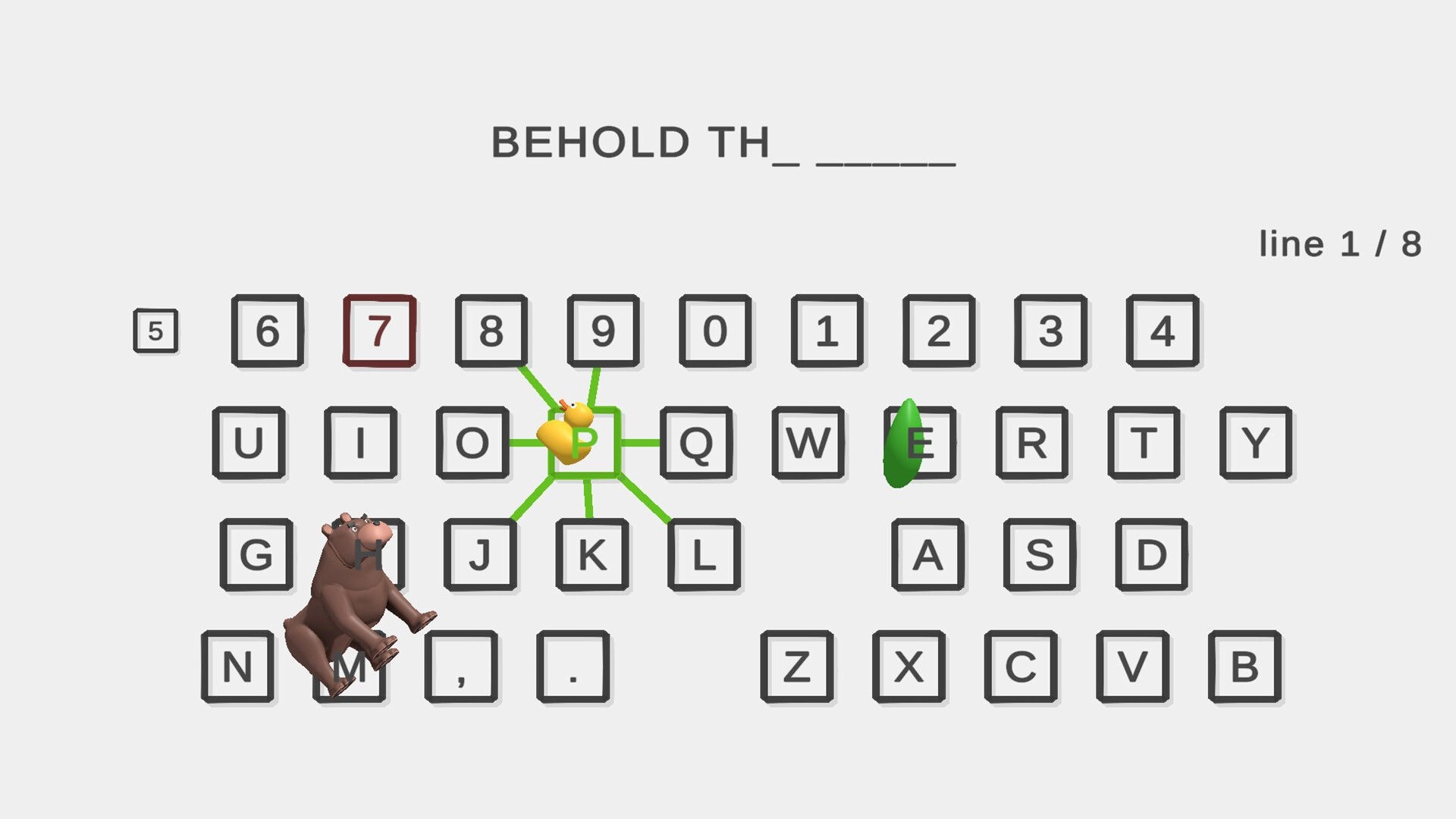 Duckscape: Typing puzzle with duck on key P, bear on M, and leaf on E in keyboard layout