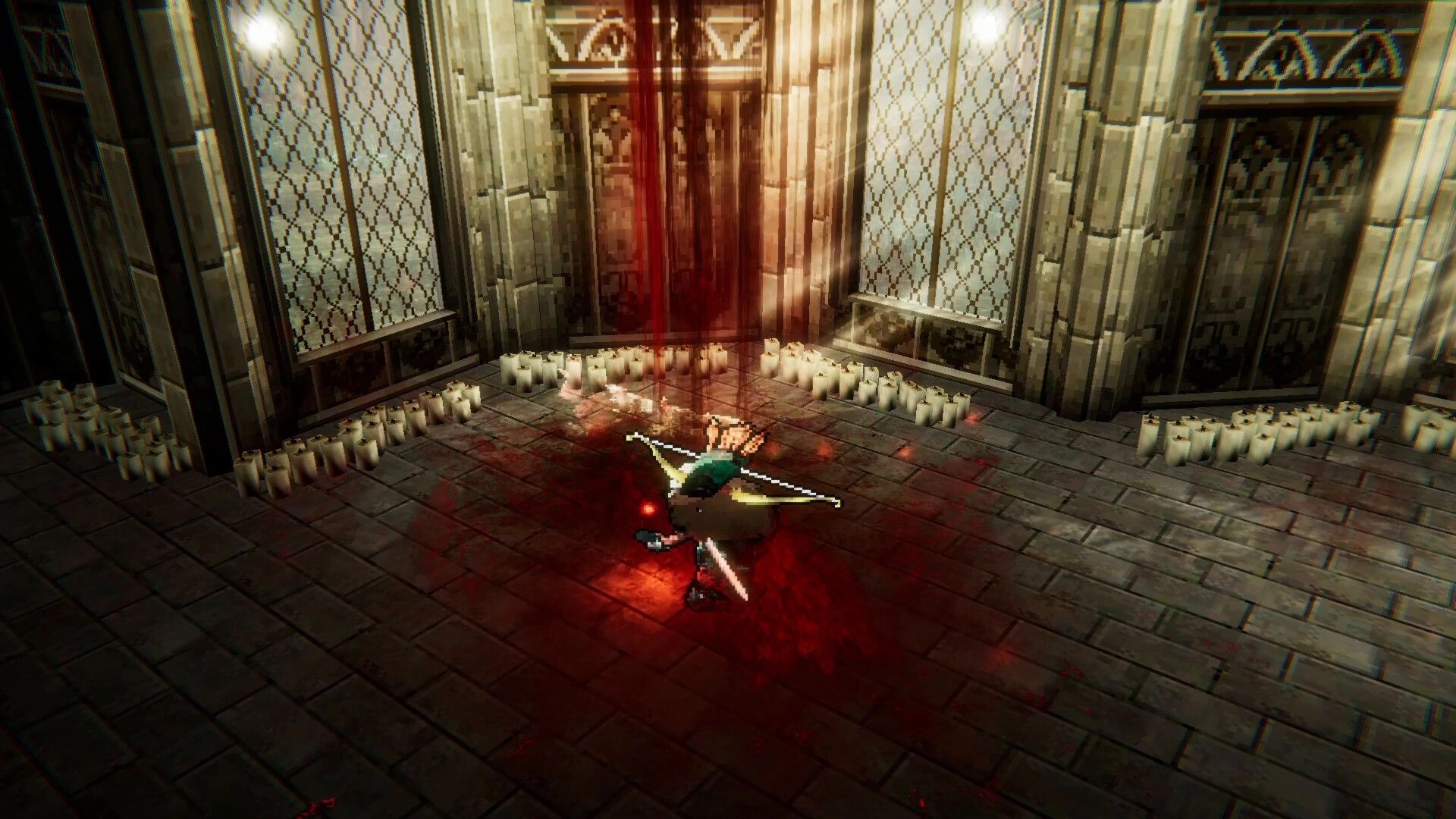 Duel Corp.: Character casting spell in candle-lit cathedral with stained glass windows and blood effects