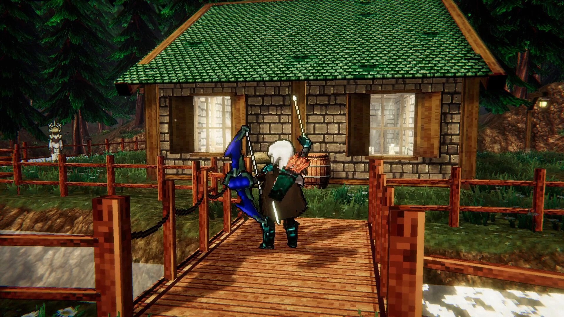 Duel Corp.: Archer character on wooden bridge near stone house in forest setting.
