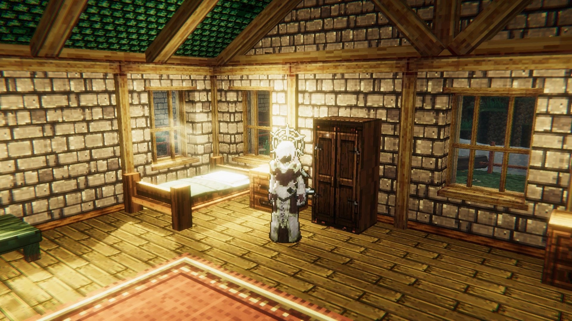 Duel Corp.: Player character in medieval room with stone walls, wooden furniture, and sunlight through windows