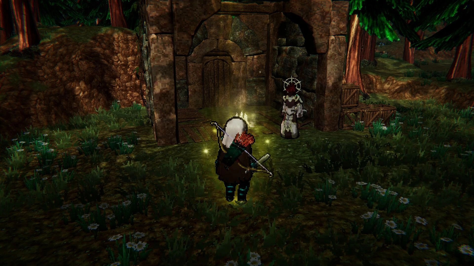 Duel Corp.: Archer character approaches NPC near stone building in forest setting with glowing effects