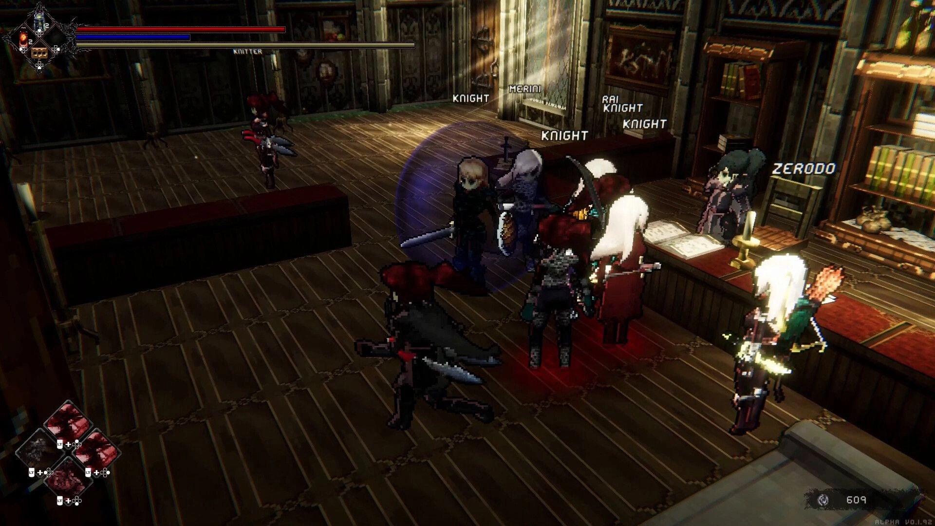 Duel Corp.: Group of knights gathered in a medieval library, discussing strategy near a wooden counter.
