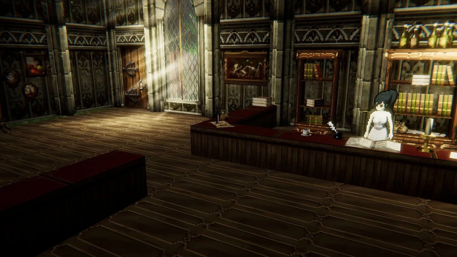 Duel Corp.: NPC behind desk in a medieval library setting with bookshelves and decorative walls