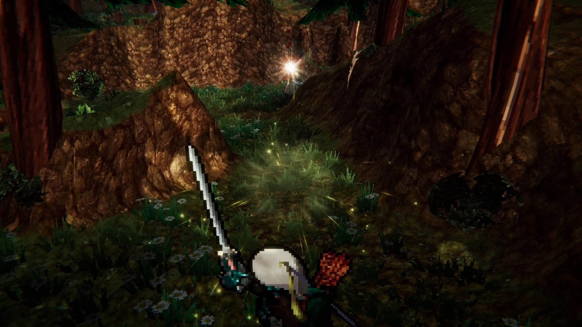 Duel Corp.: Knight with sword exploring lush forest path in search of glowing object ahead