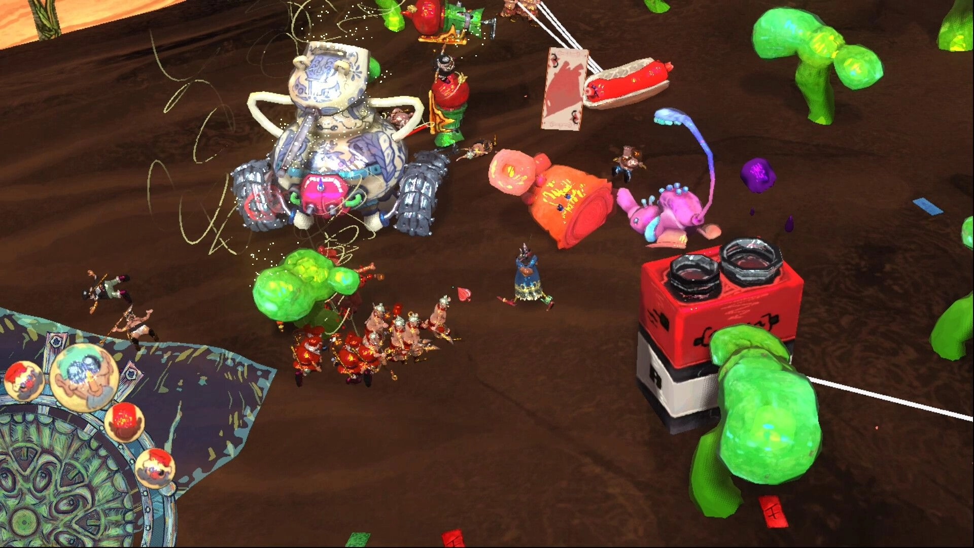 Dukkido: Minions battle amidst oversized objects and colorful creatures in a chaotic battlefield setting
