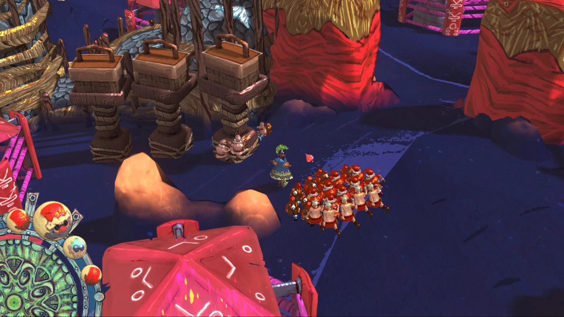 Dukkido: Commanding minion army near wooden towers in a vibrant, whimsical landscape