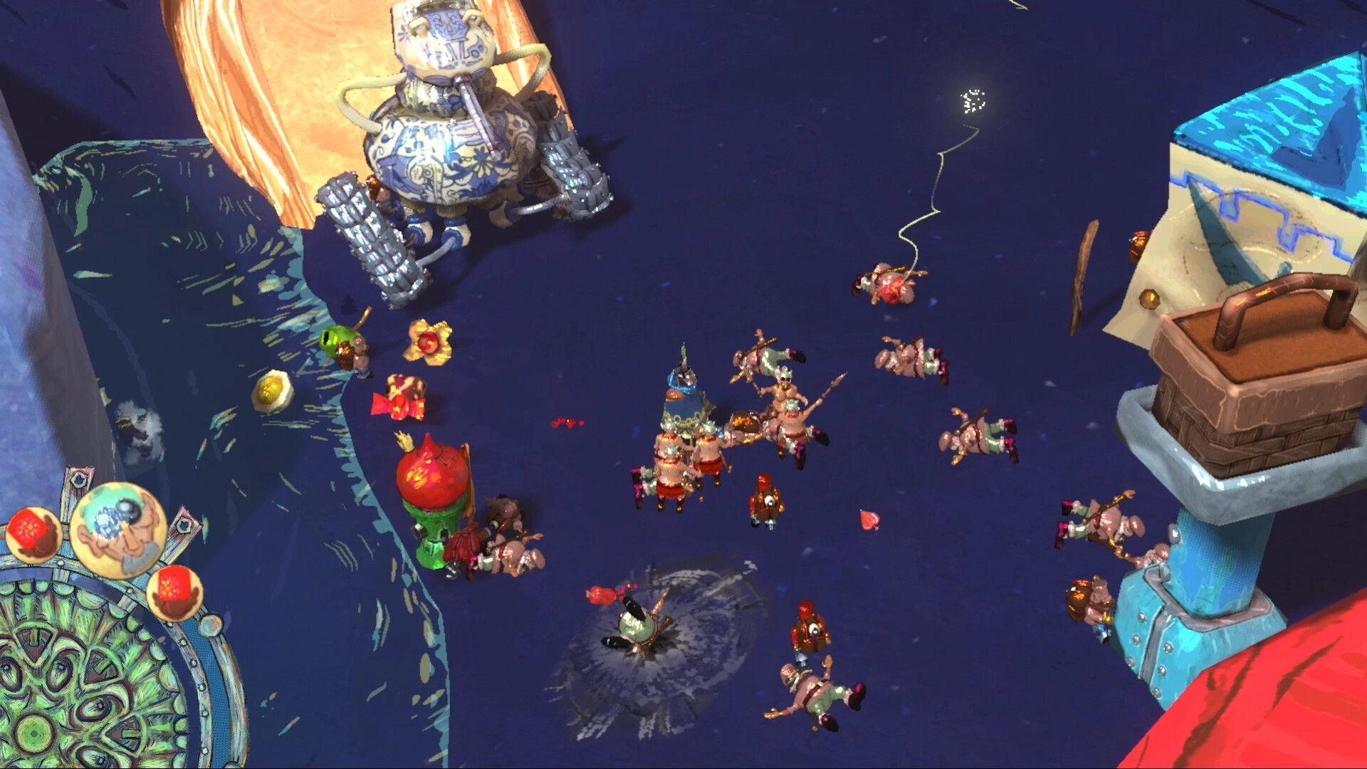 Dukkido: Commanding minions in battle against enemies near a mechanical fortress in a mystical realm.
