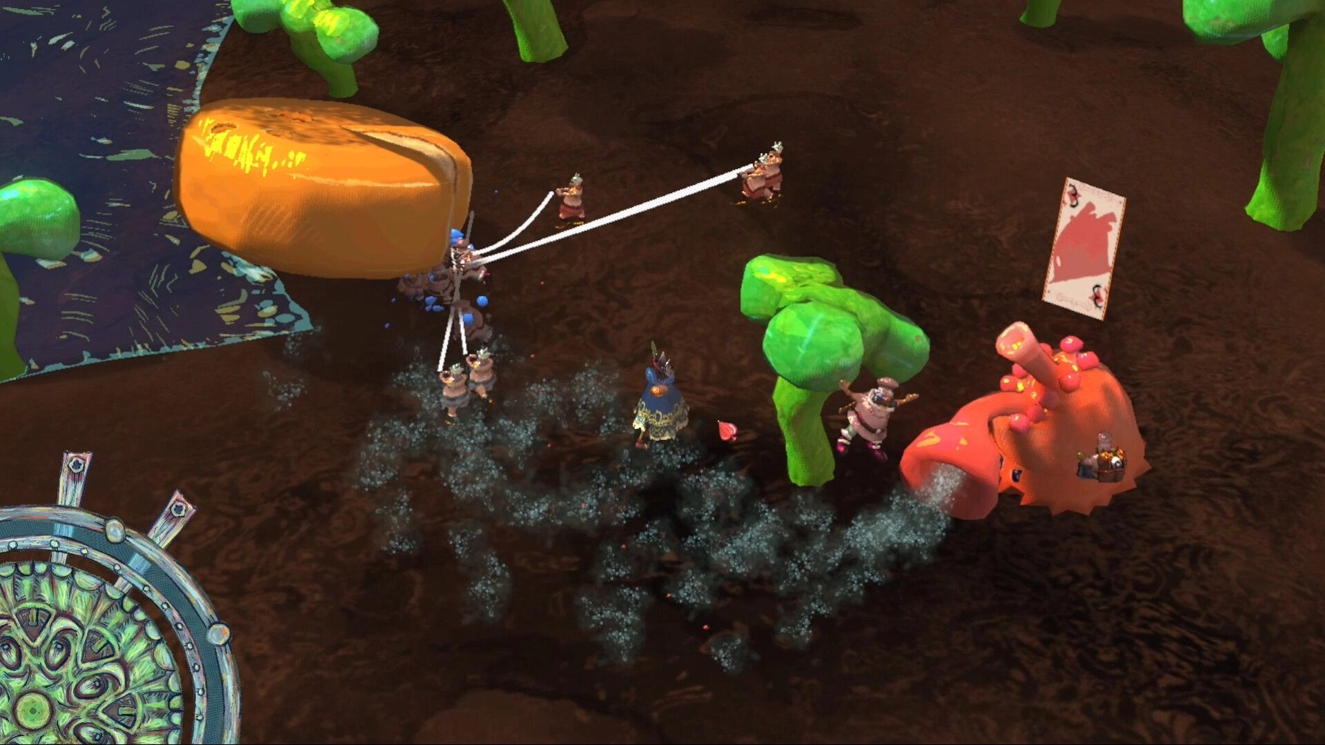 Dukkido: Minions pulling giant bread in whimsical forest with card and mysterious circular device nearby.