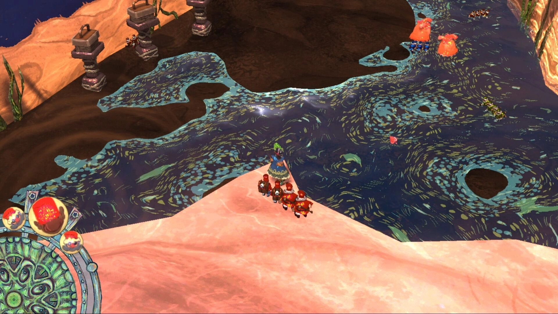 Dukkido: Commanding minions on a cliffside overlooking swirling waters with UI elements on the left