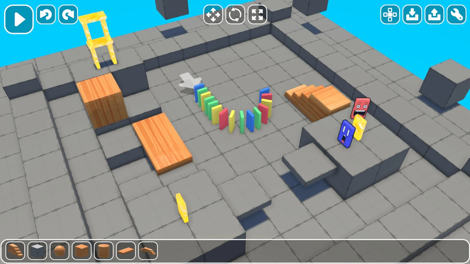 Dumbino: Colorful dominoes in domino setup with characters and UI icons in a grid-based arena