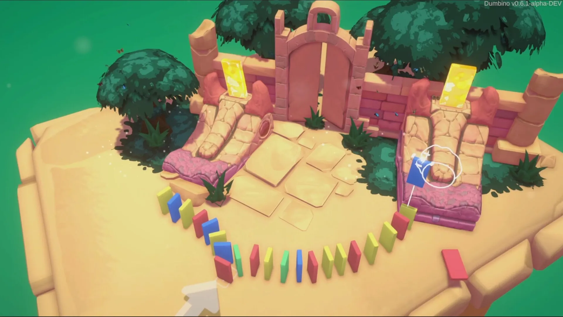 Dumbino: Colorful dominoes lined up in front of ancient ruins with trees and a mysterious portal