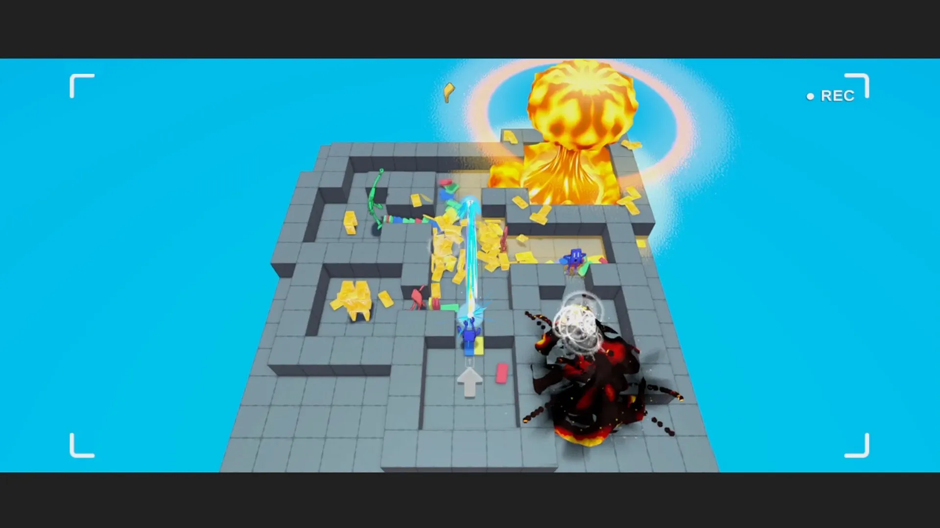 Dumbino: Explosive domino chain reaction on a floating platform with colorful characters in chaos