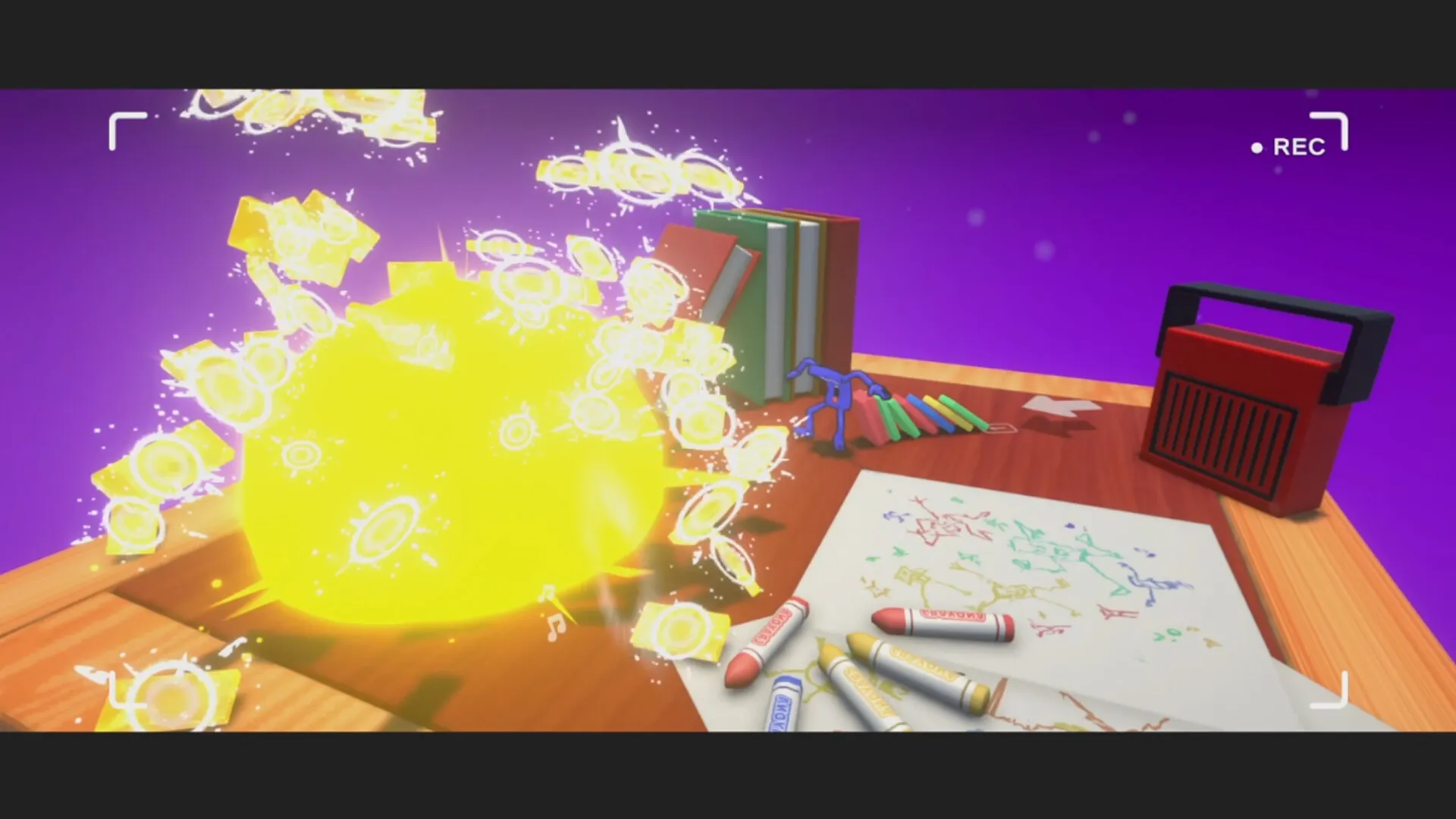 Dumbino: Explosive domino chain reaction on cluttered desk with crayons, books, and vibrant background