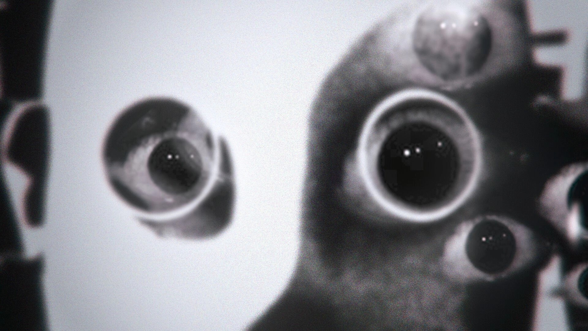 DUMMY HOUSE: Blurry close-up of multiple staring eyes filling the screen in stark black-and-white darkness.