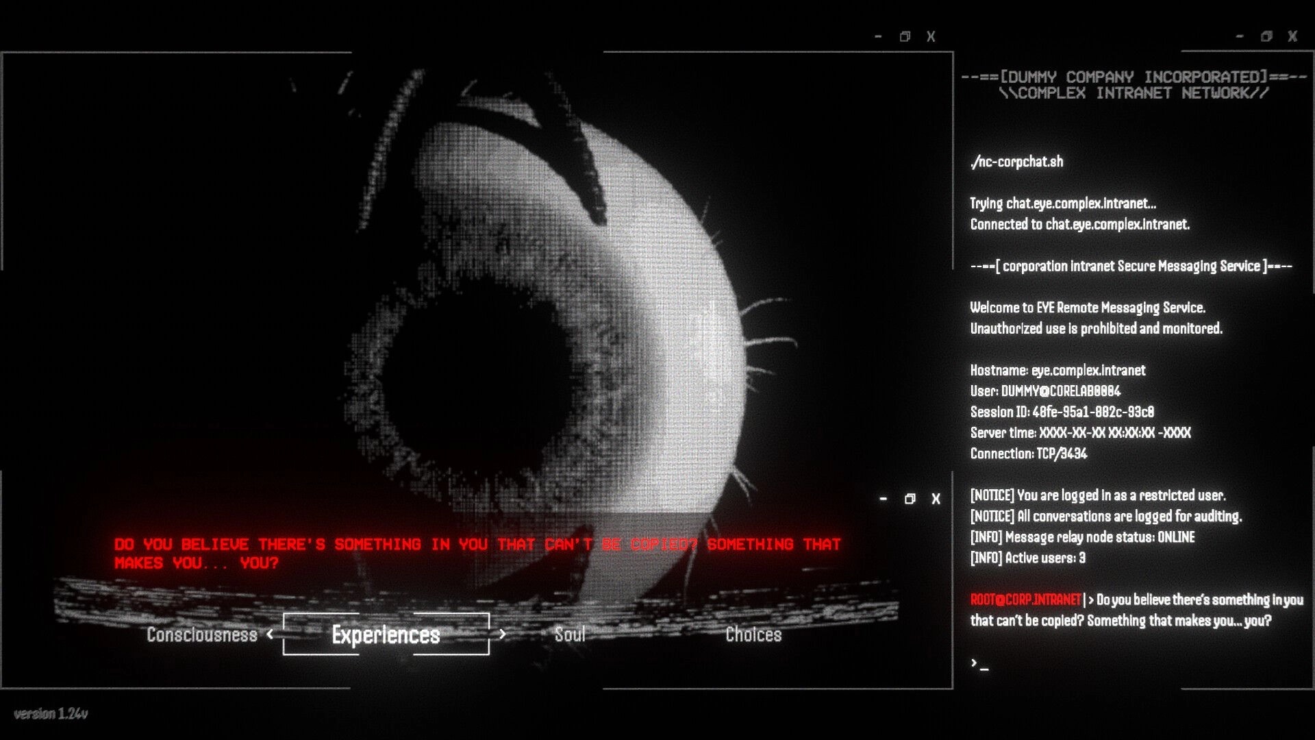 DUMMY HOUSE: Close-up eyeball with intranet chat terminal UI and menu tabs in dark interface.