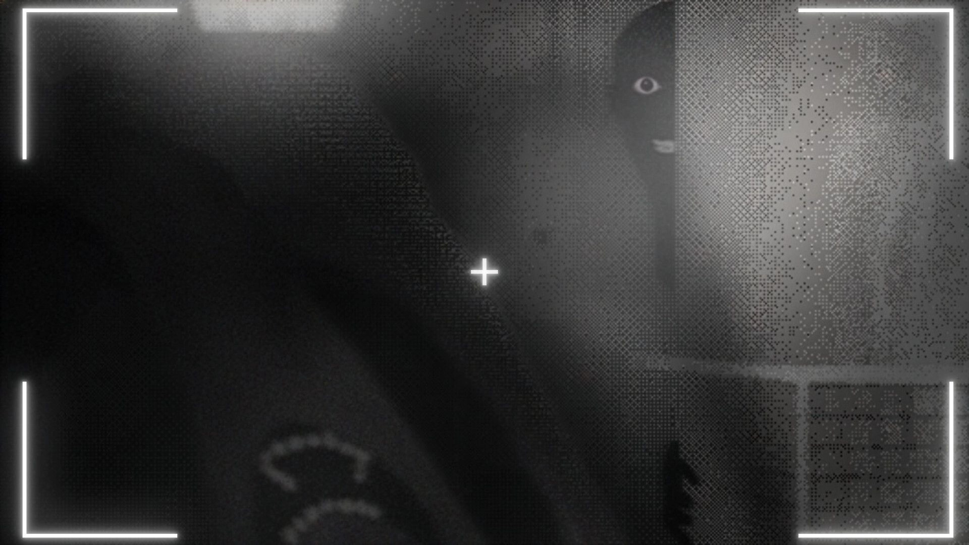 DUMMY HOUSE: Camera view crosshair aimed at shadowy figure peeking behind a wall in grainy darkness.