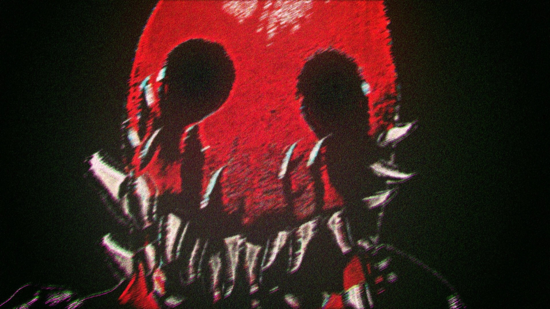 DUMMY HOUSE: Grainy red-lit view of two mannequin-like figures facing the player in darkness.