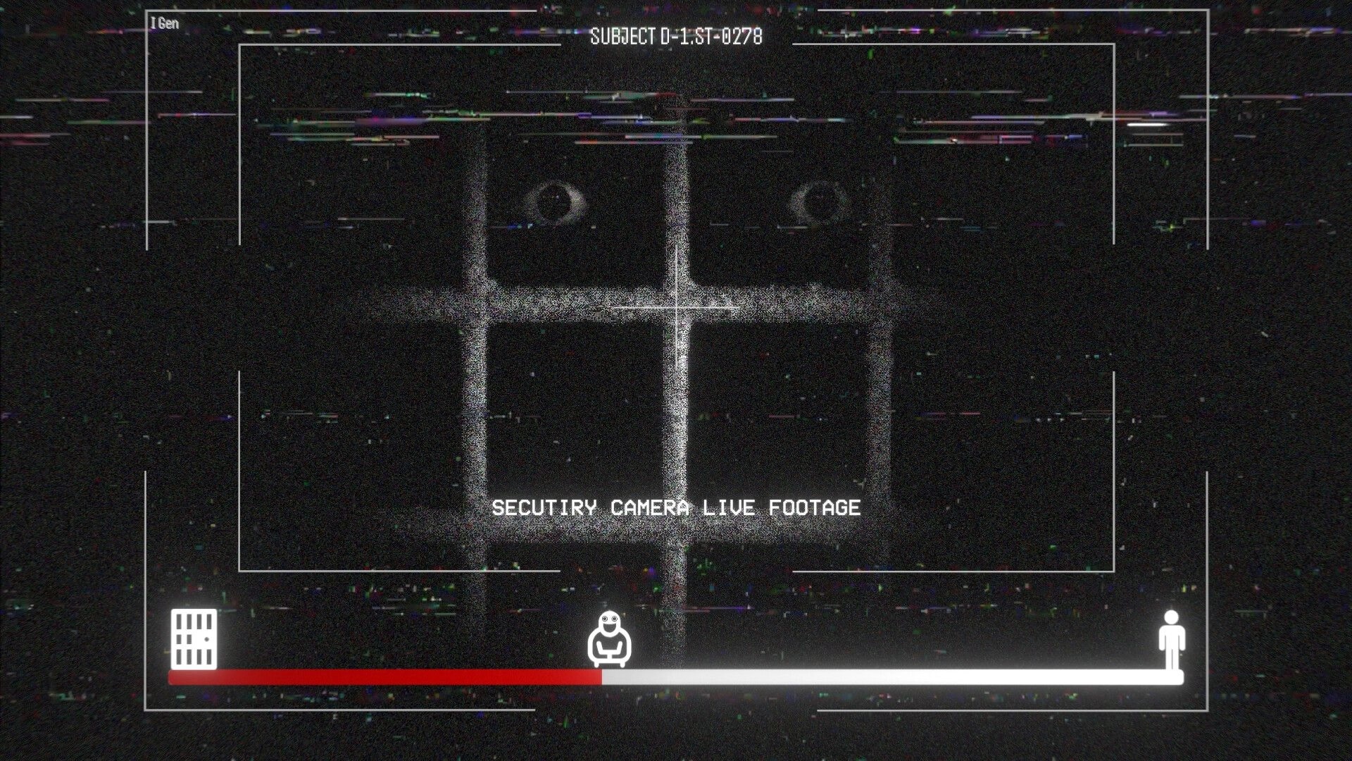 DUMMY HOUSE: Glitchy security camera feed with eyes behind bars and status bar in darkness.
