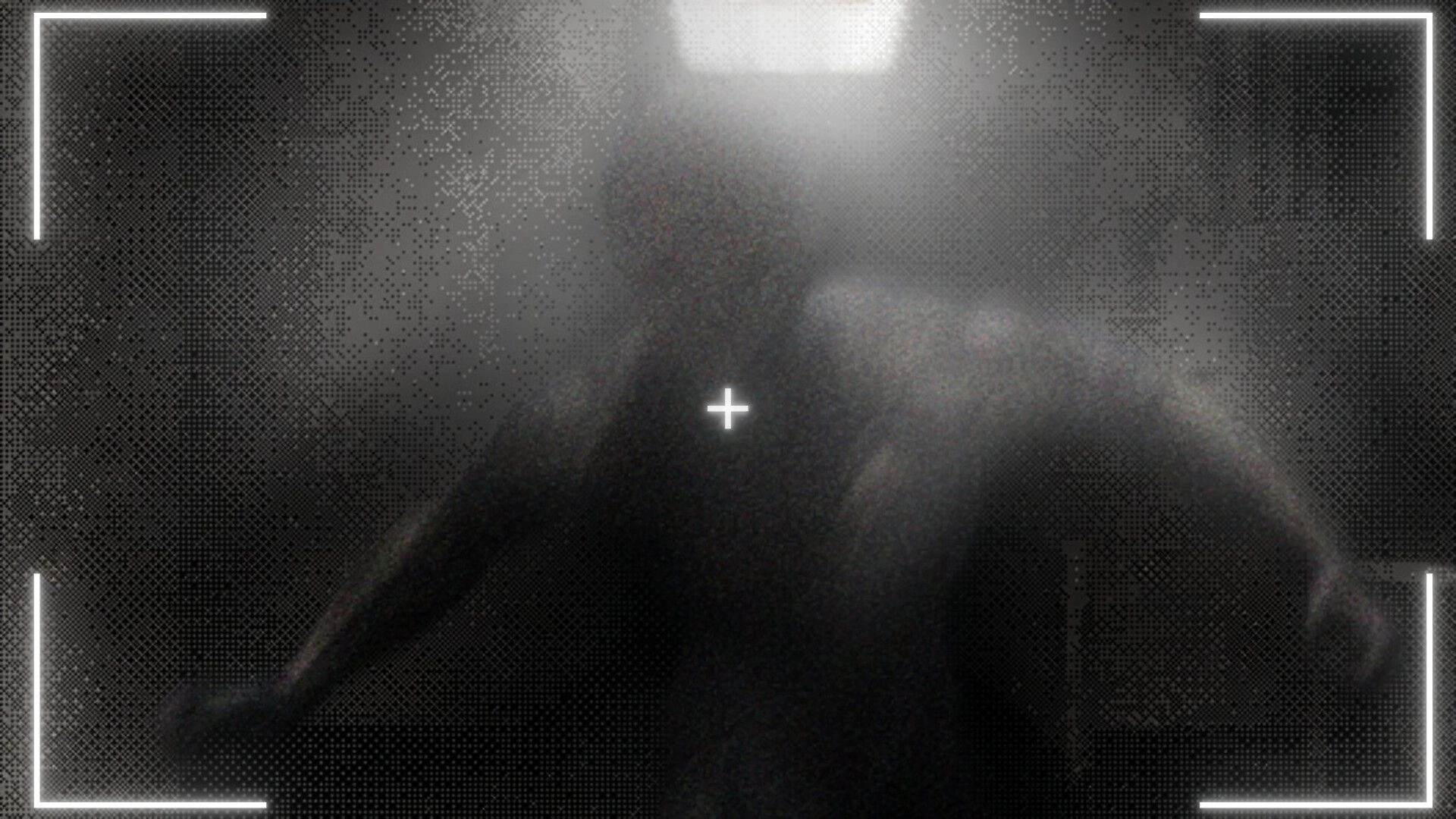DUMMY HOUSE: Grainy camera view aiming at a shadowy human figure in foggy darkness, crosshair centered.