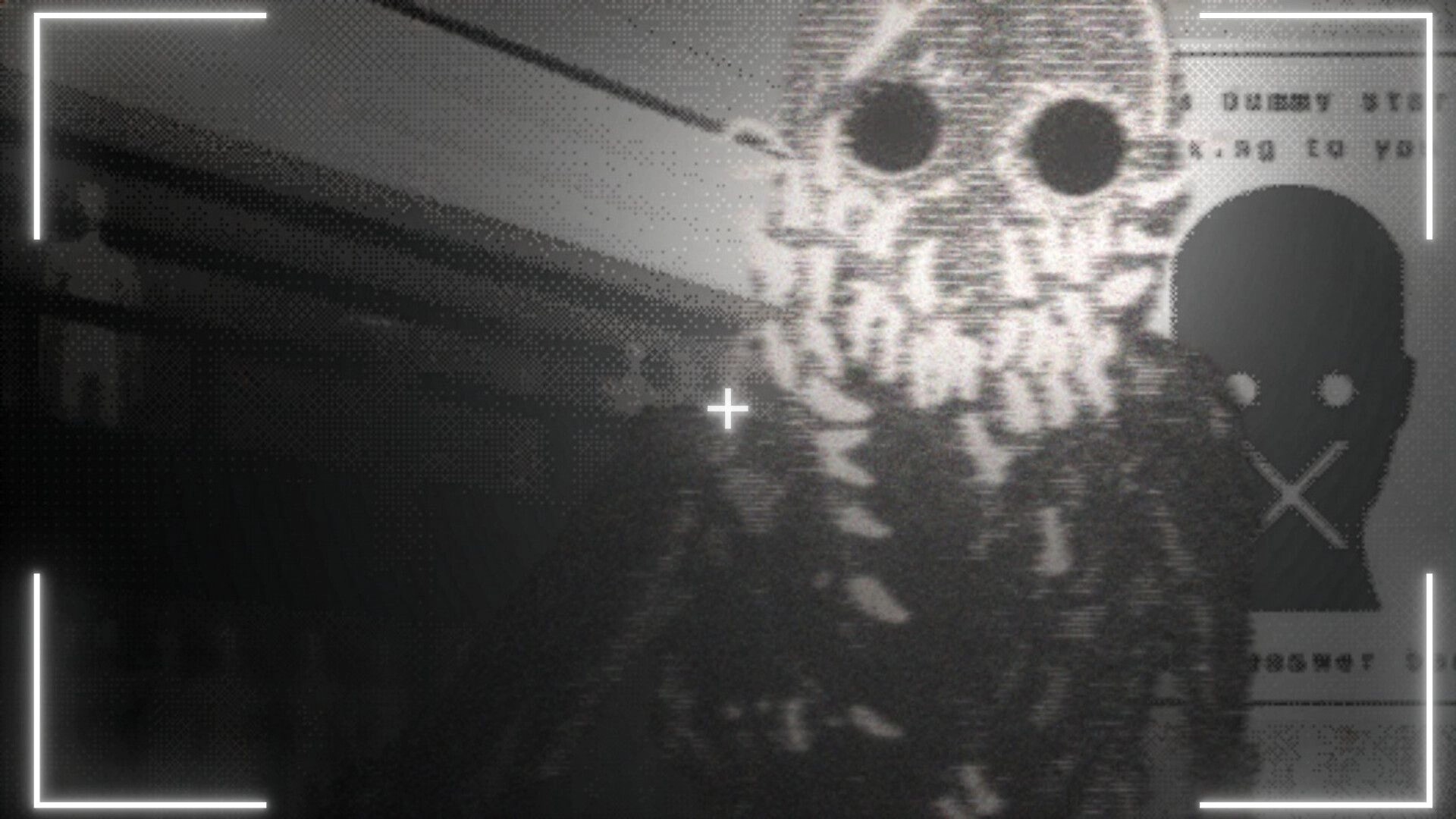 DUMMY HOUSE: Grainy camera view of a skull-faced dummy with crosshair and viewfinder UI in darkness.