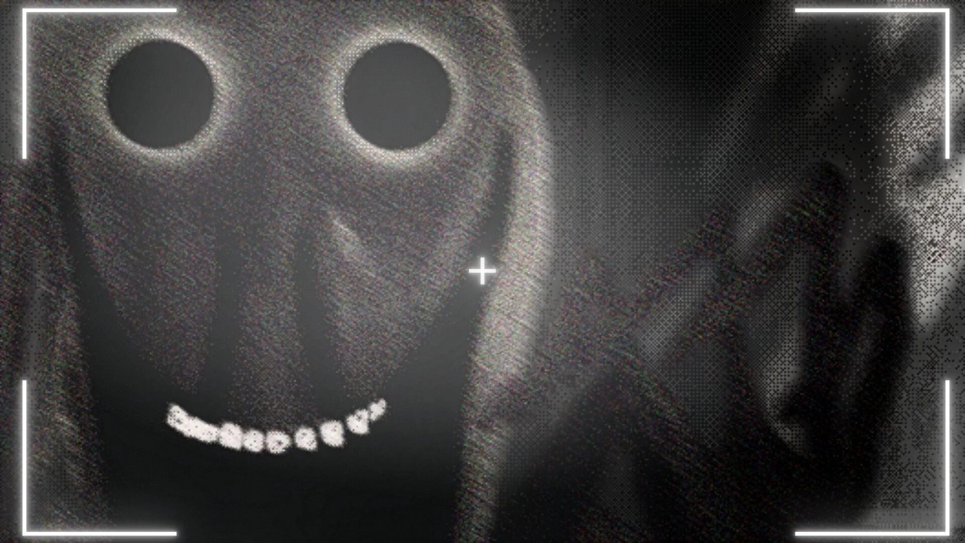 DUMMY HOUSE: Camera view crosshair on grinning dummy face in grainy black-and-white darkness nearby.
