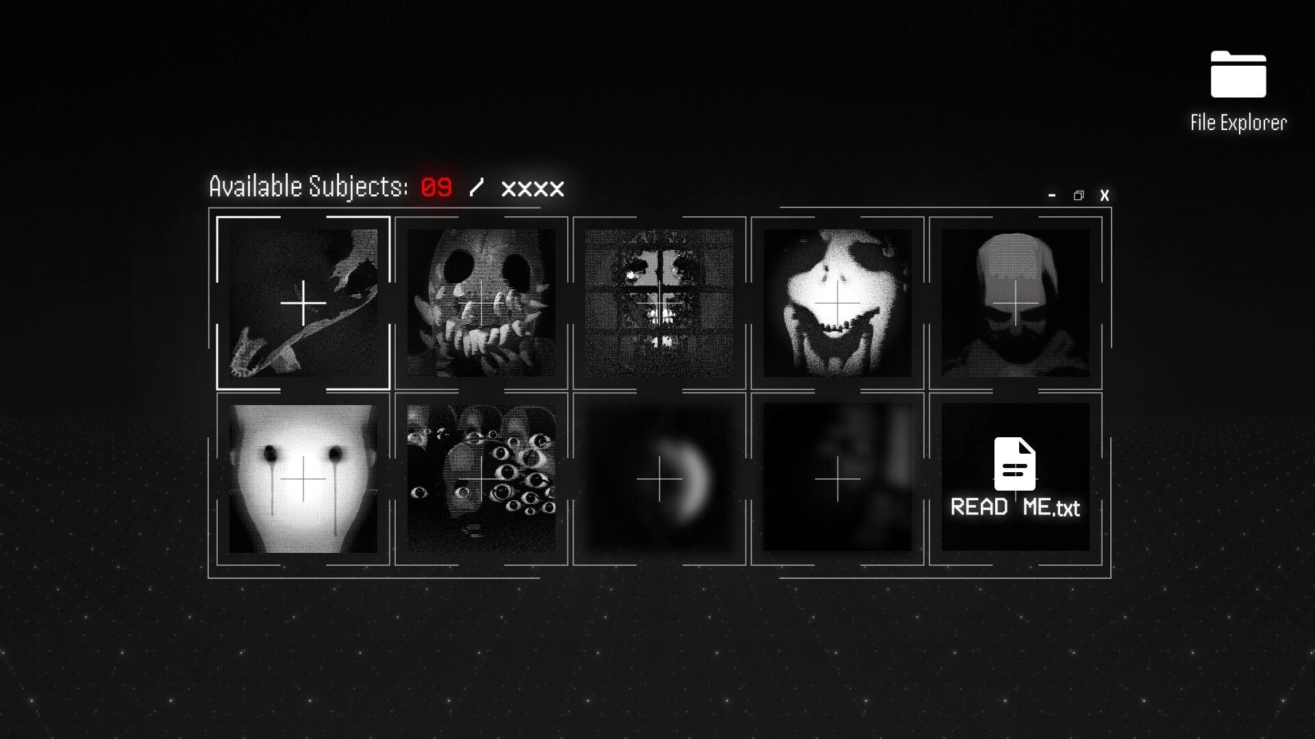 DUMMY HOUSE: File Explorer UI with 9 subject thumbnails and READ ME.txt icon on dark desktop background.