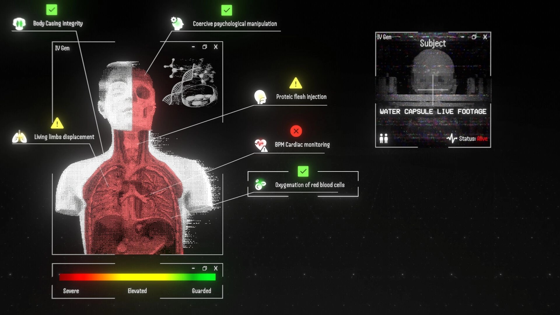 DUMMY HOUSE: Medical scan UI highlights human subject vitals and warnings in dark lab interface.