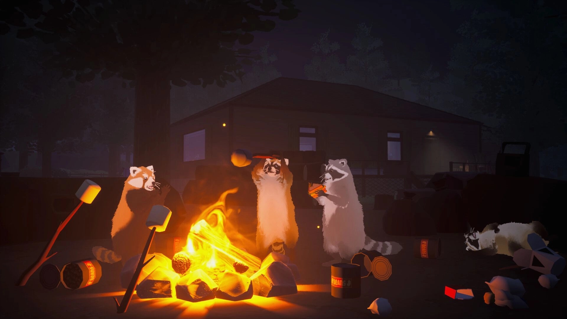 Dumpster Gang: Three raccoons roast marshmallows by a campfire outside a cabin at night.