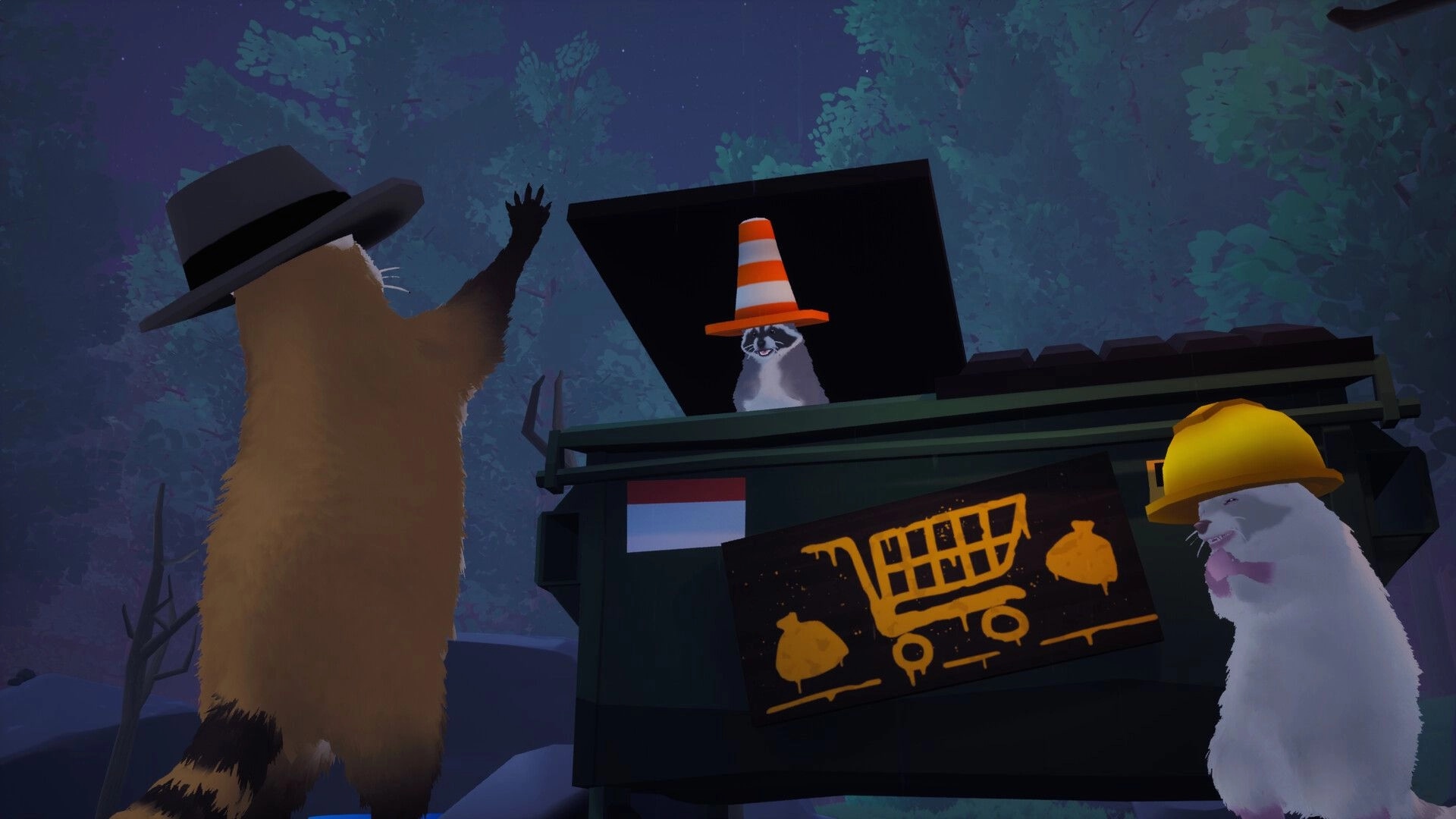 Dumpster Gang: Raccoon waves by a dumpster as another pops up in a cone hat in a moonlit forest.