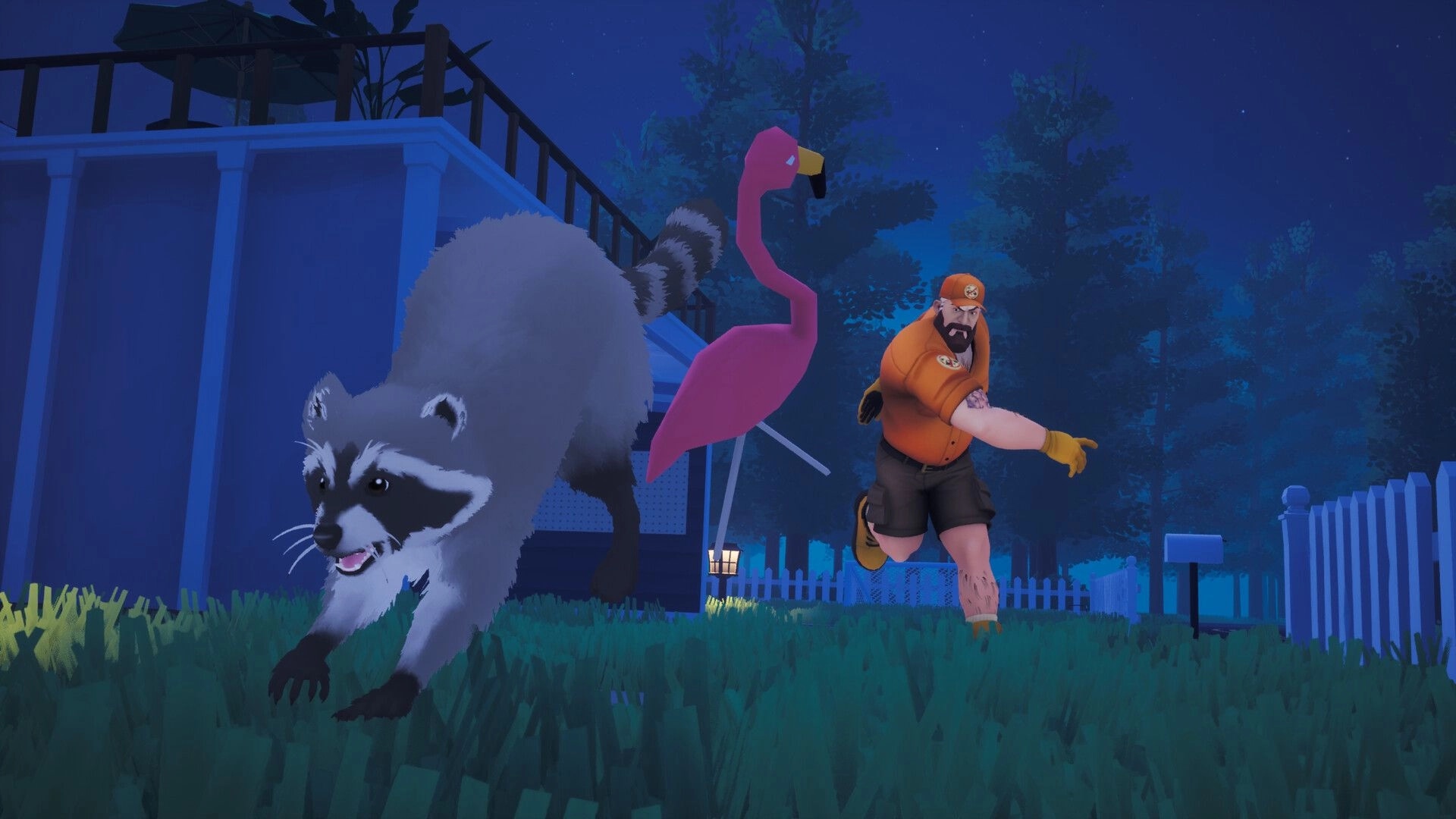 Dumpster Gang: Raccoon sprints past a yard flamingo as an orange-clad man chases in moonlit yard.