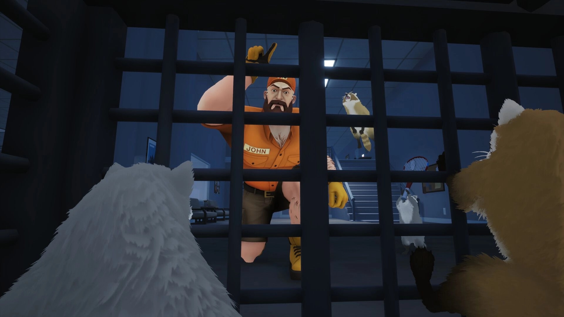 Dumpster Gang: Exterminator John glares through jail bars at raccoons in a blue-lit station lobby.