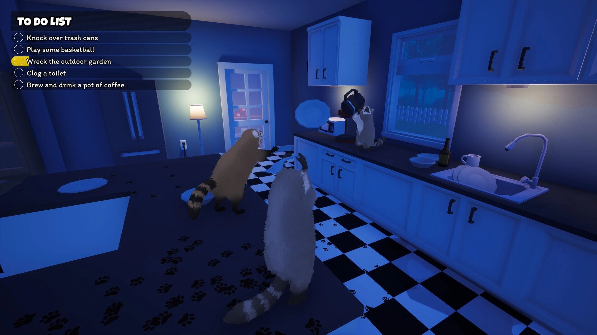 Dumpster Gang: Two raccoons in a kitchen by cabinets and sink, to-do list UI on left.