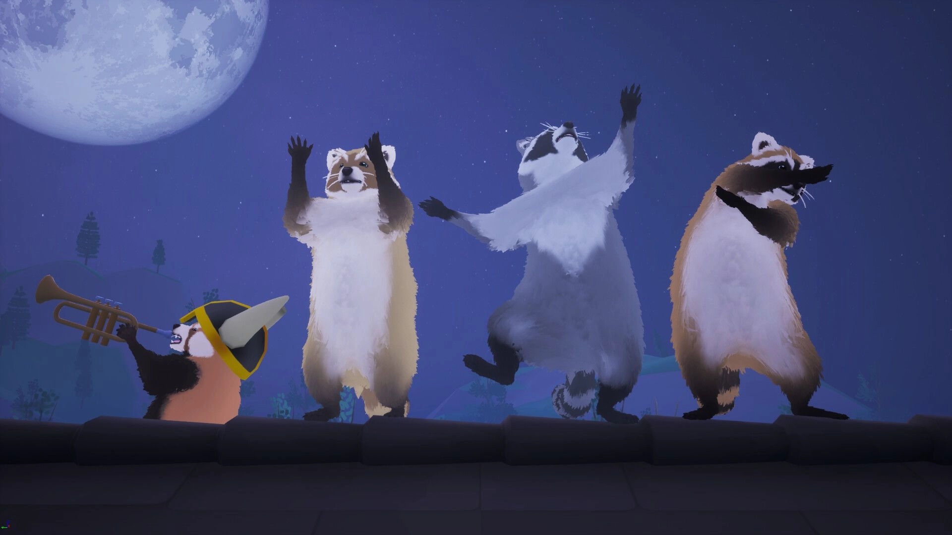Dumpster Gang: Four raccoons dancing on a rooftop at night under a huge moon and starry sky.