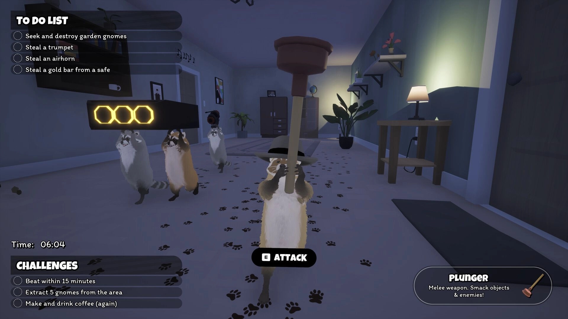 Dumpster Gang: Raccoon wields plunger with E attack prompt in apartment hallway, to-do list UI visible.