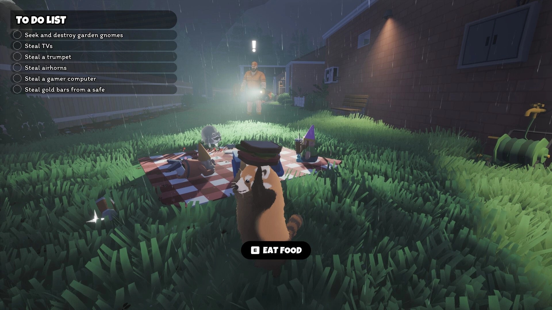 Dumpster Gang: Raccoon at picnic with gnomes as flashlight guard approaches in rain, to-do list UI.