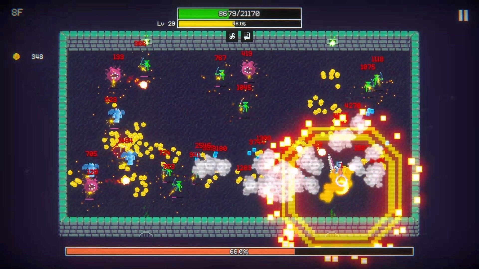 Duncrush: Intense combat with pixel monsters and explosions in dungeon setting, UI with health bar visible.