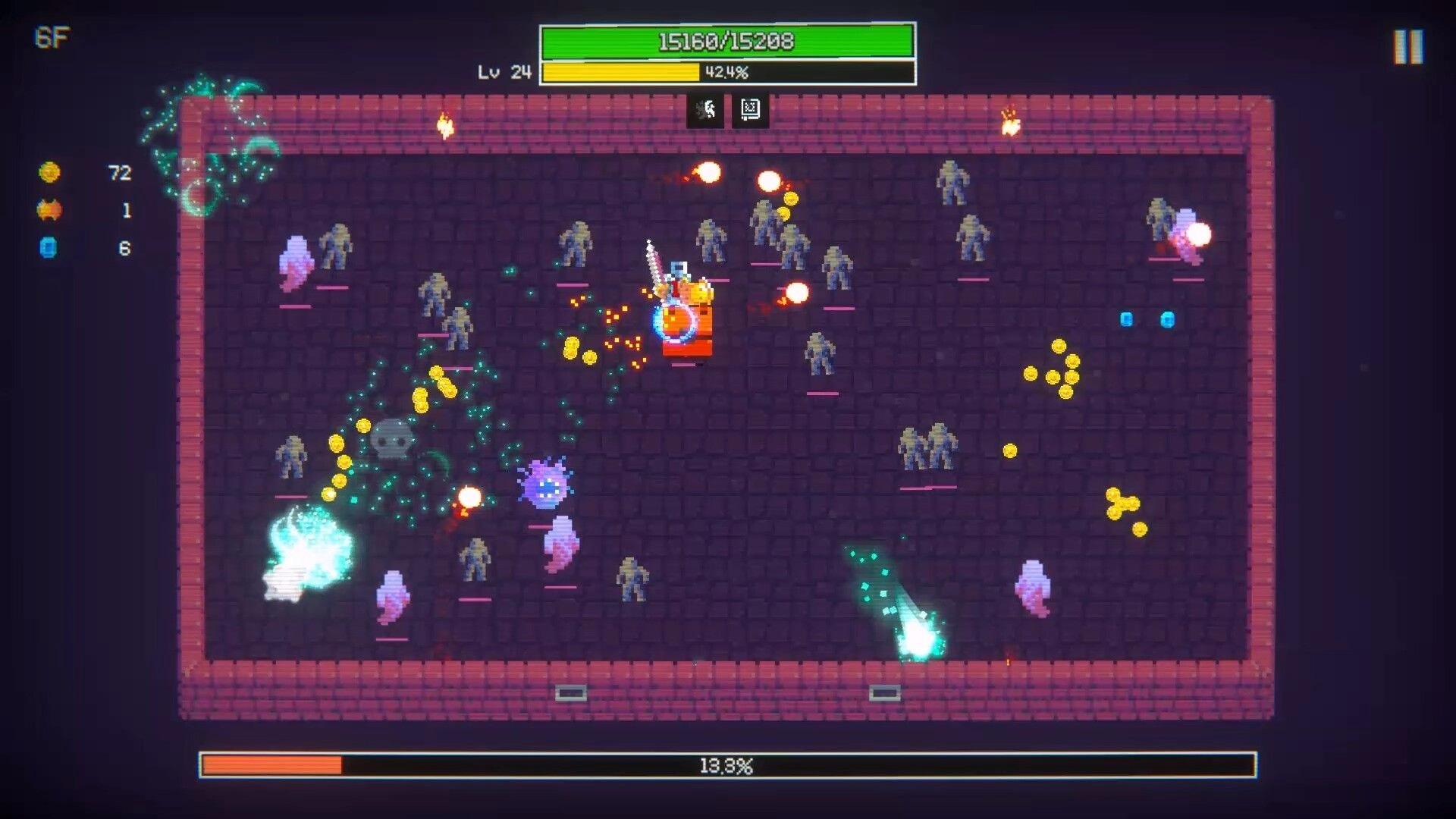 Duncrush: Hero battling monsters in a dungeon with health bar, gold, and level indicators visible
