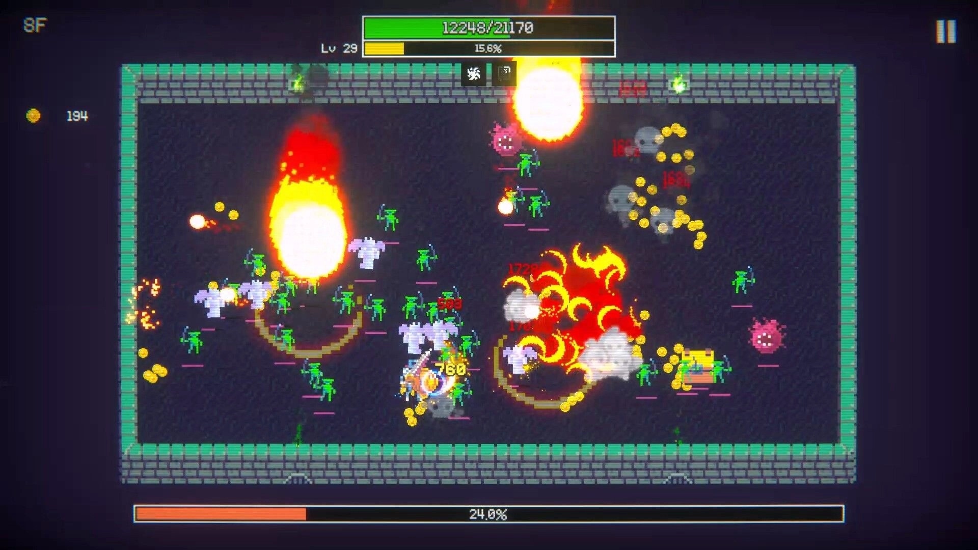 Duncrush: Intense dungeon battle with hero against green monsters, explosions, and scattered gold coins.