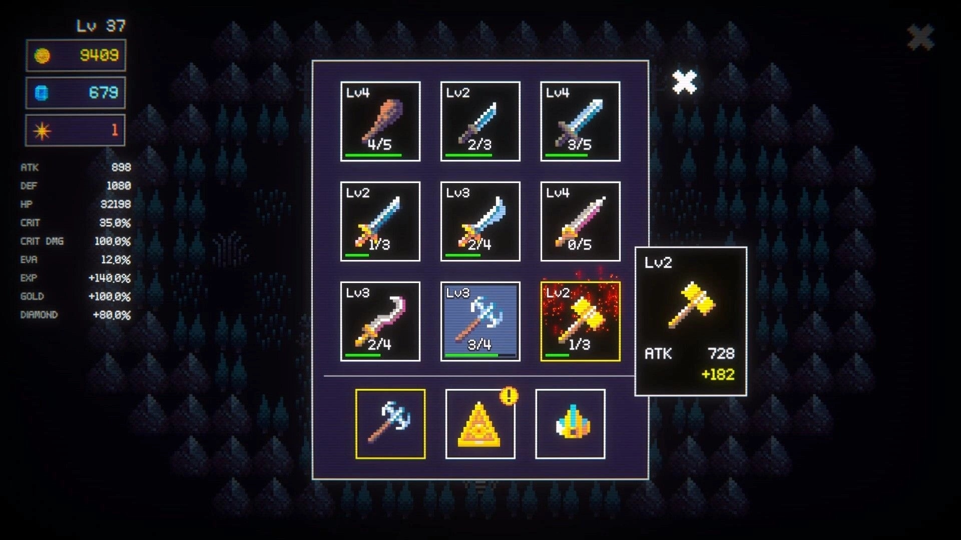 Duncrush: Inventory screen displaying various weapons and stats in a dark forest setting