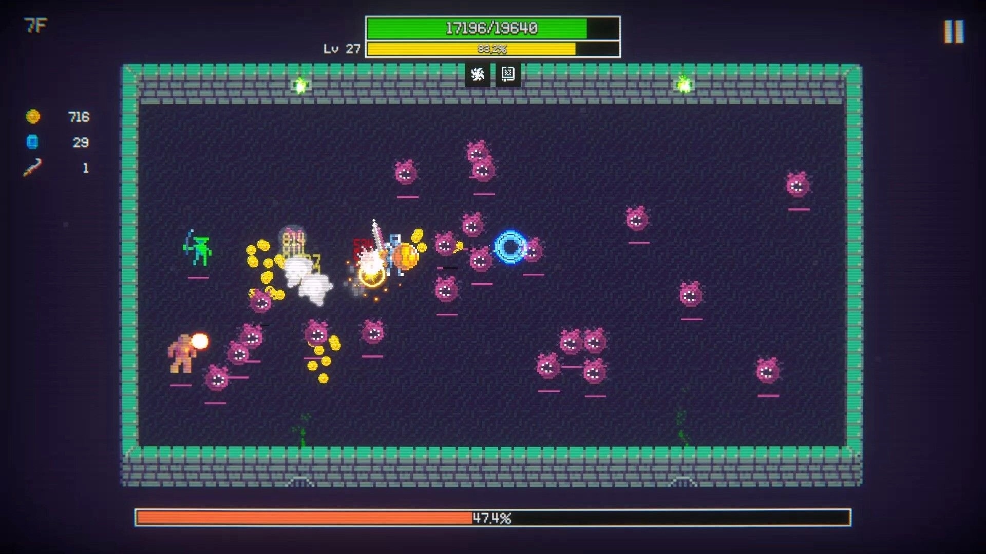 Duncrush: Hero battles pink monsters collecting gold in dungeon with health and progress bars visible