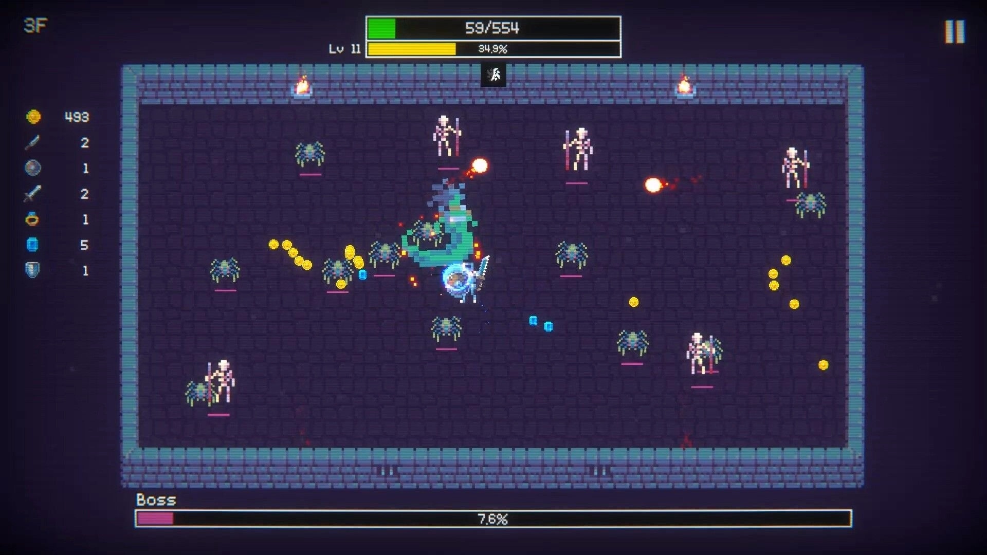 Duncrush: Hero battles skeletons and spiders in dungeon with health bar and gold count displayed