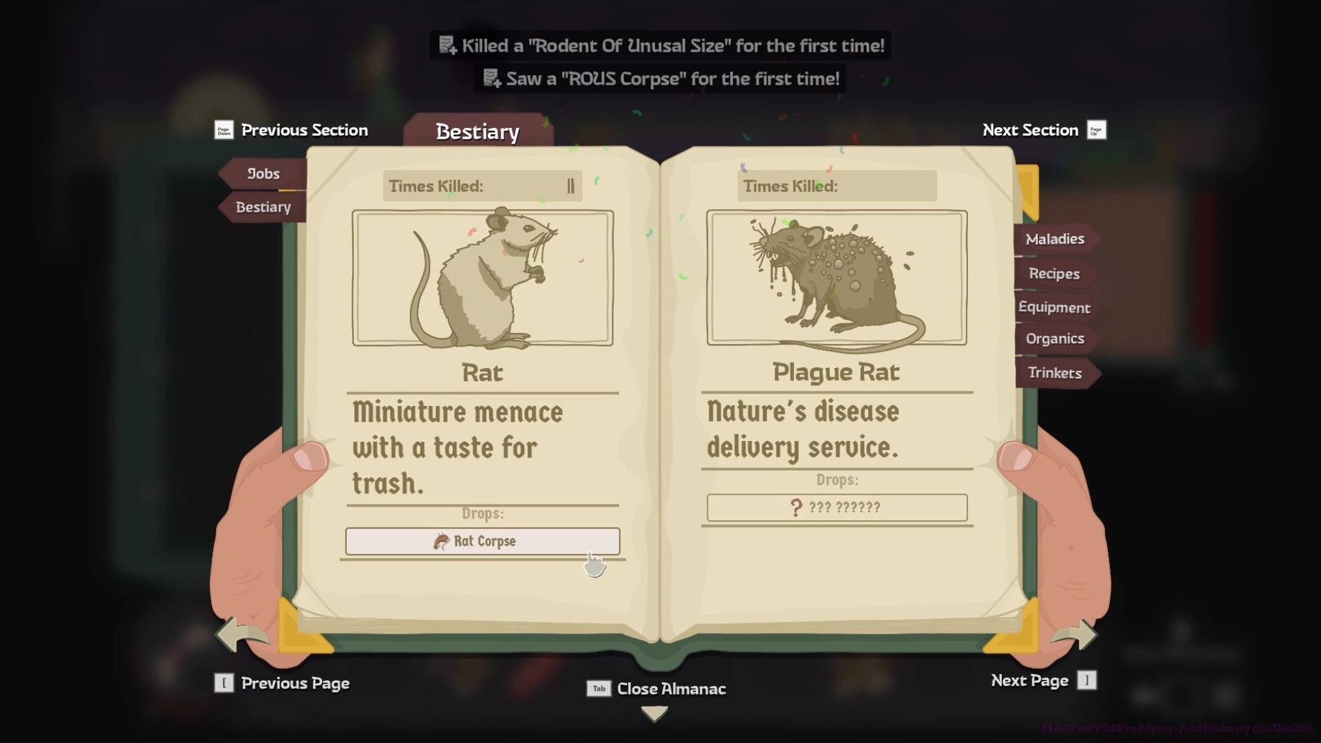 Dunderbeck: Bestiary page showing details of Rat and Plague Rat, including times killed and drops.