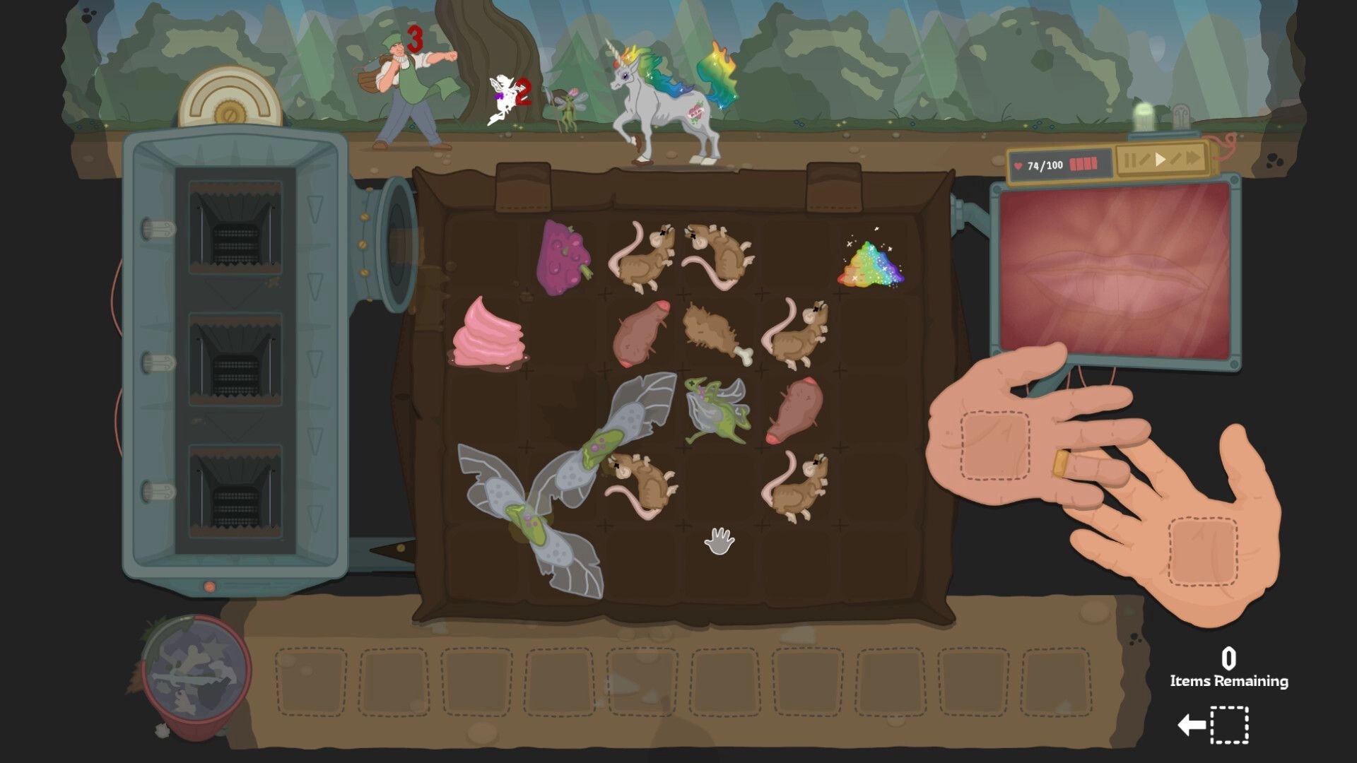 Dunderbeck: Inventory management with various items, character battling unicorn in a forest setting