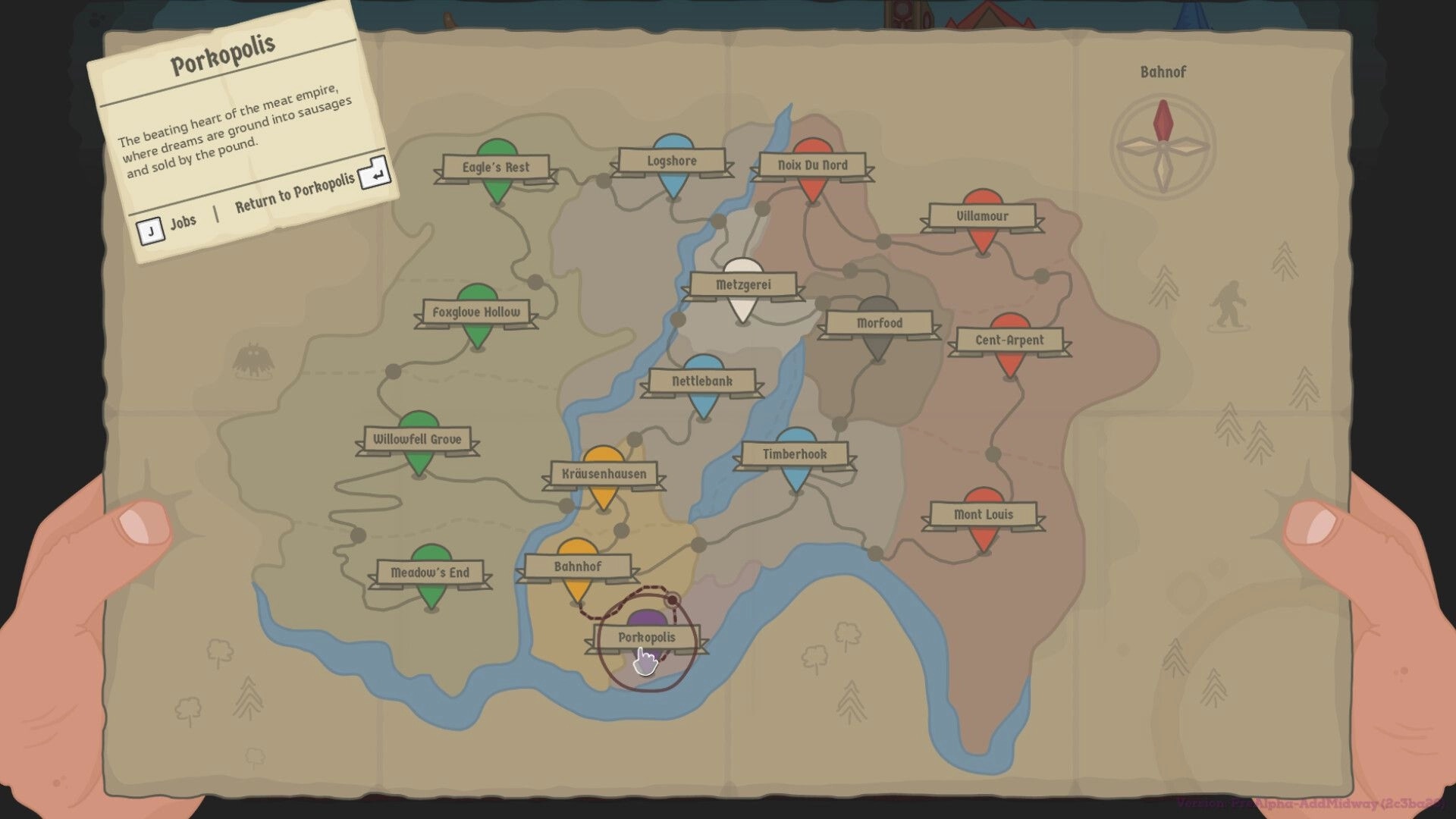 Dunderbeck: World map with locations like Porkopolis, Metzgerei, and Timberhook; job options displayed