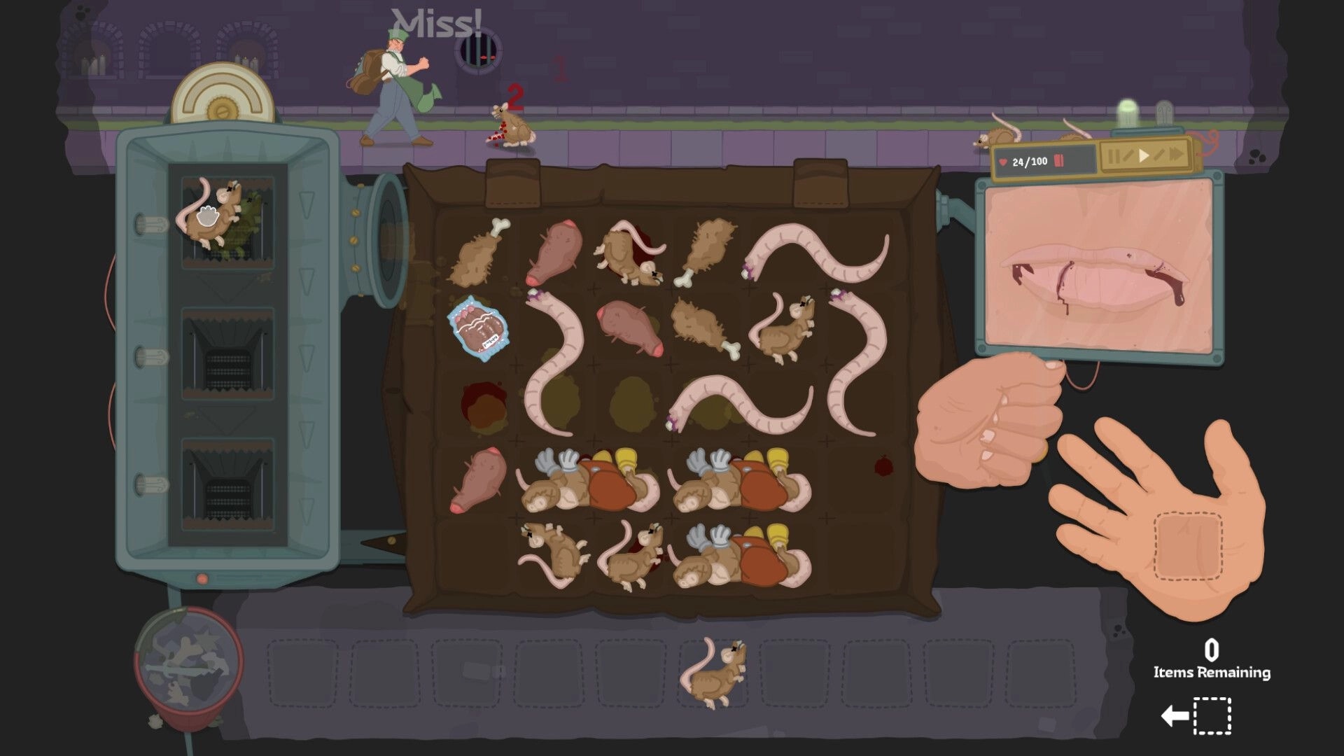 Dunderbeck: Inventory sorting with meat, worms, and rats in a grimy kitchen setting