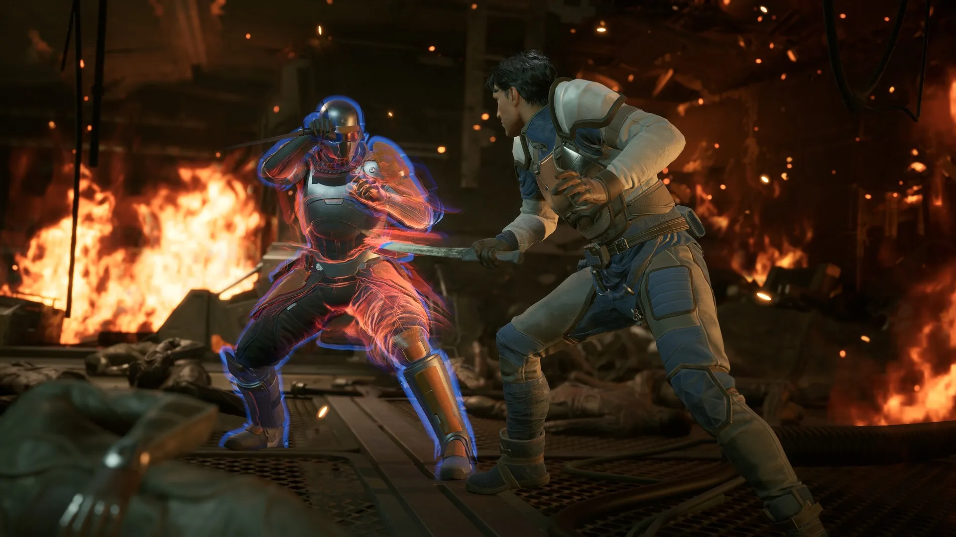 Dune: Intense melee combat between armored characters in a fiery, chaotic environment on Arrakis