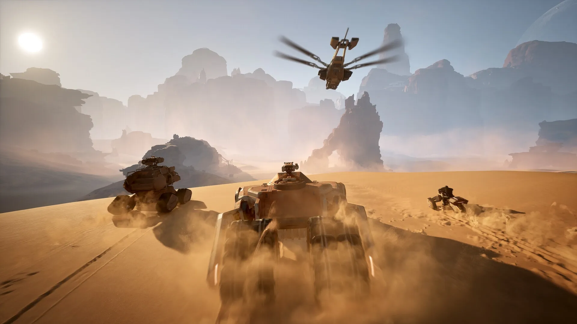 Dune: Vehicles racing across sandy desert with an ornithopter flying overhead in rocky landscape