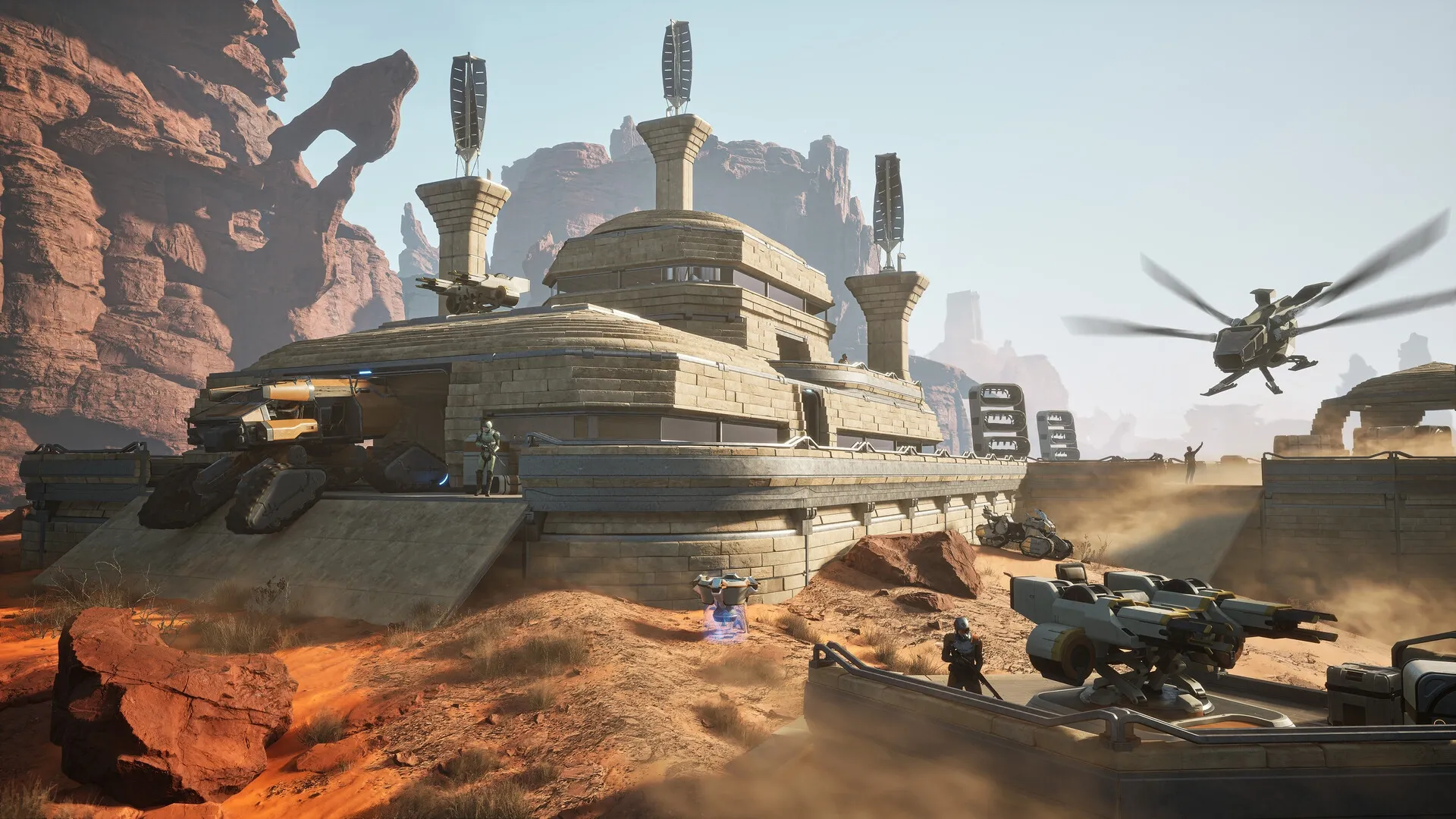 Dune: Characters and vehicles at a fortified base in the desert landscape of Arrakis with a flying ornithopter