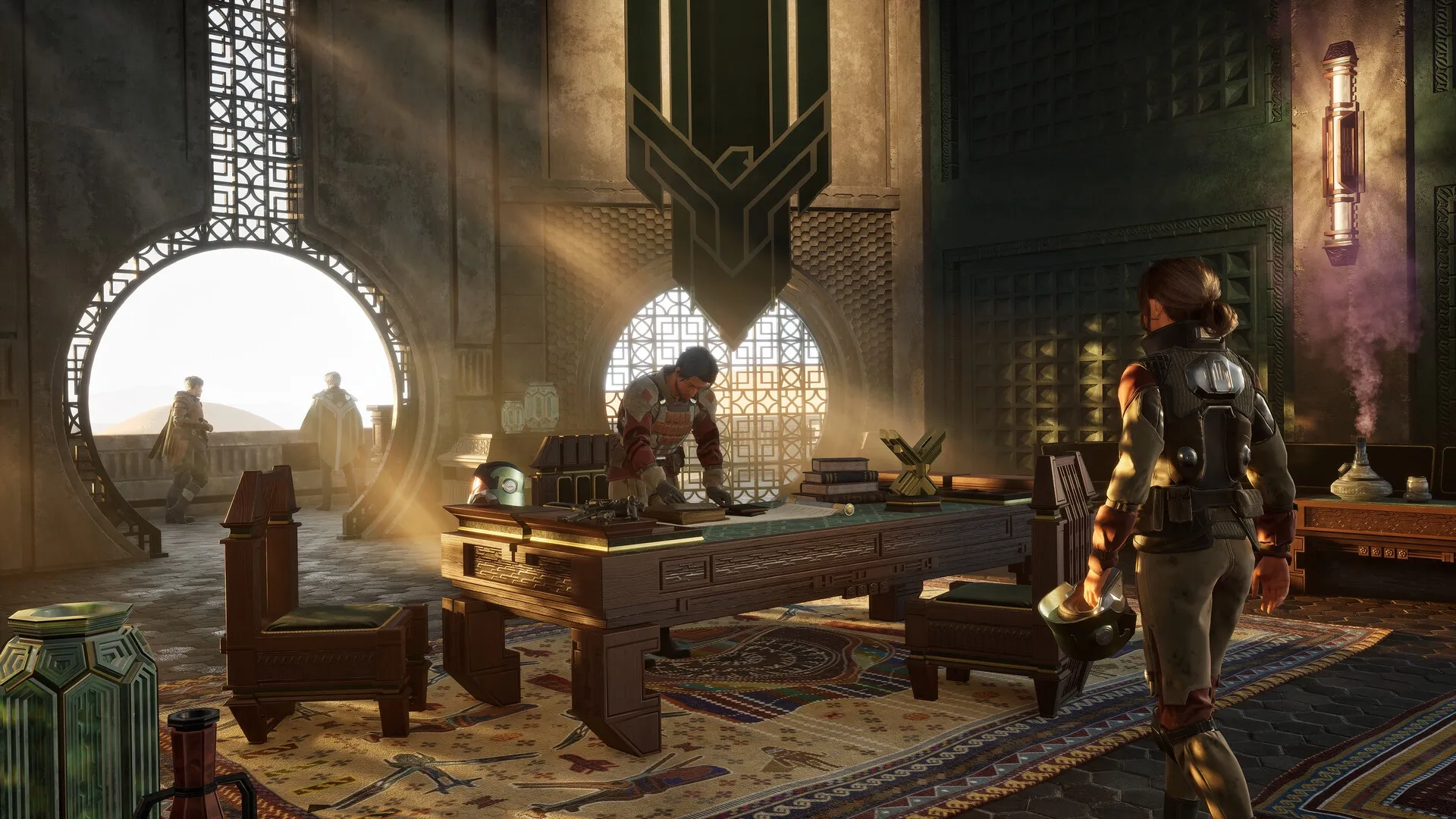 Dune: Characters planning strategy in sunlit room with ornate furniture and desert view through windows