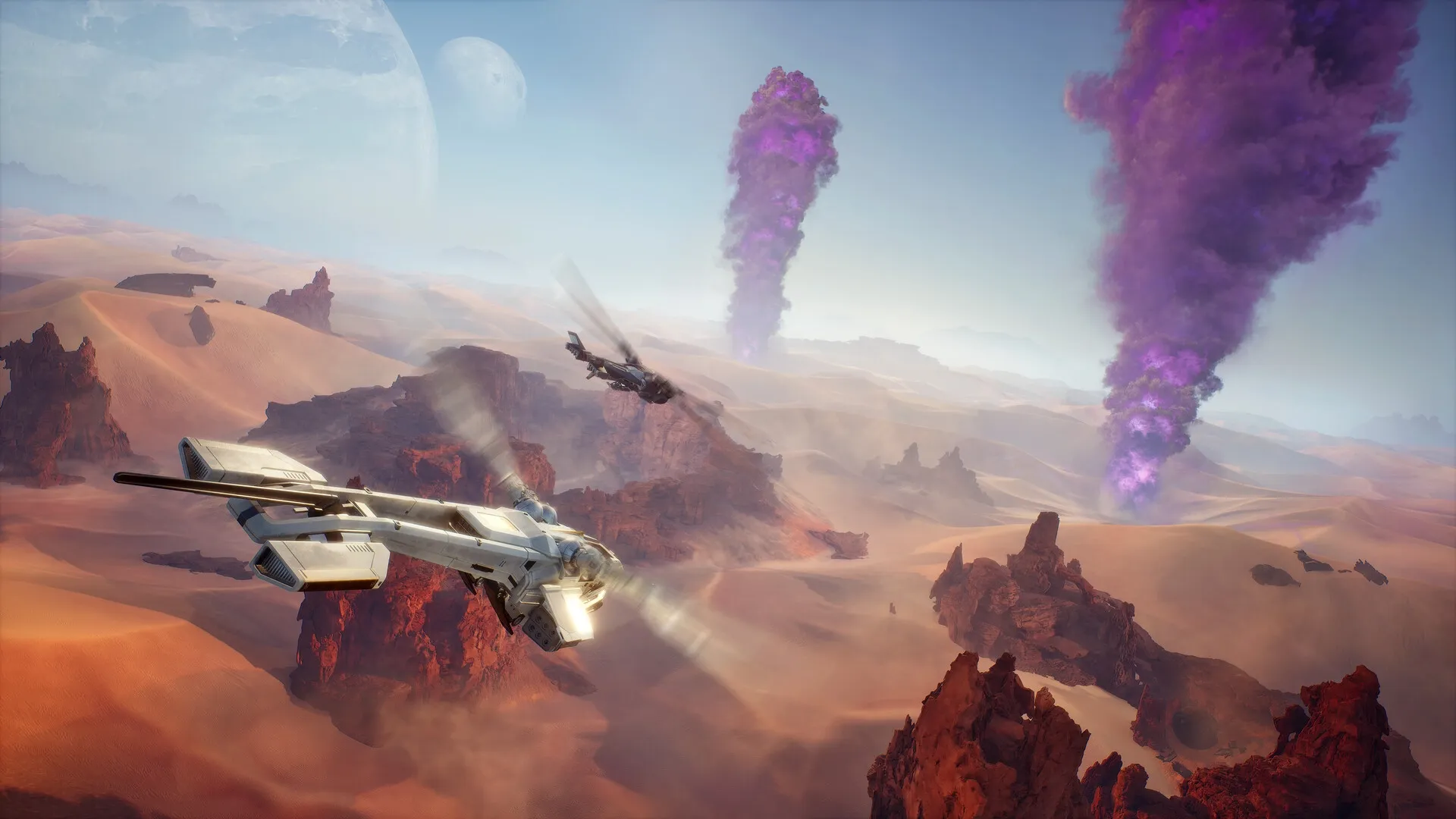 Dune: Ornithopters flying over desert landscape with purple smoke plumes in the distance on Arrakis